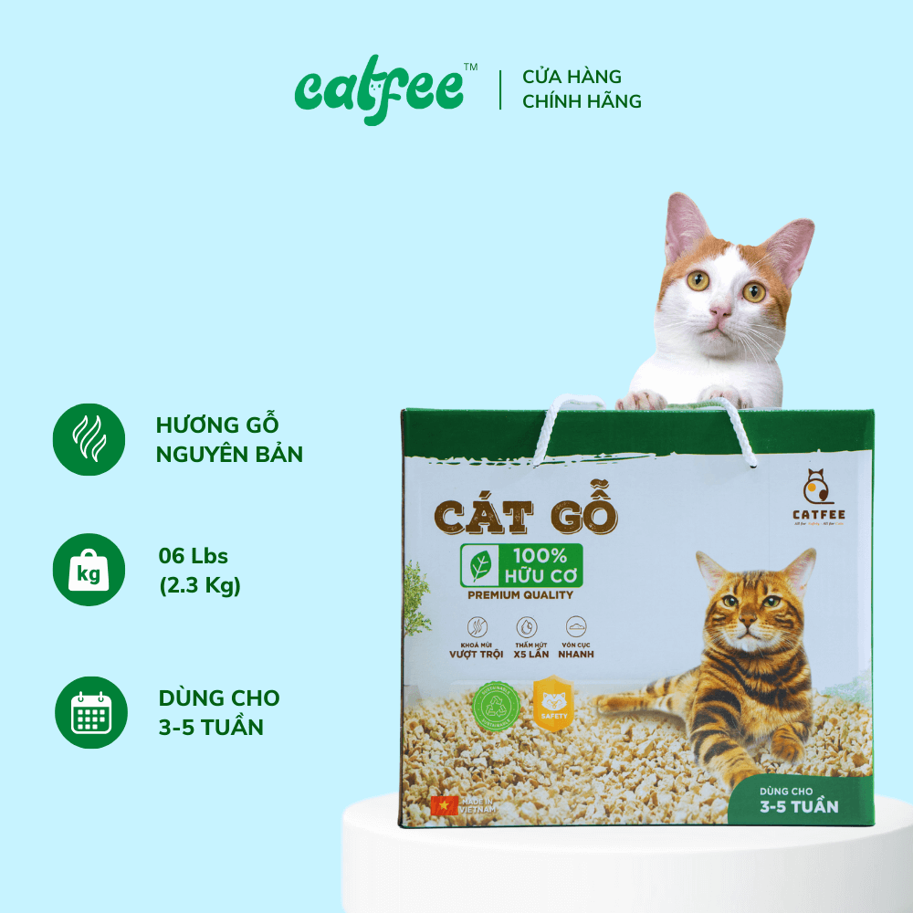 Cát mèo hữu cơ Catfee ® - Cát Gỗ cho mèo (Hương Gỗ Tự Nhiên) Hộp 6L 