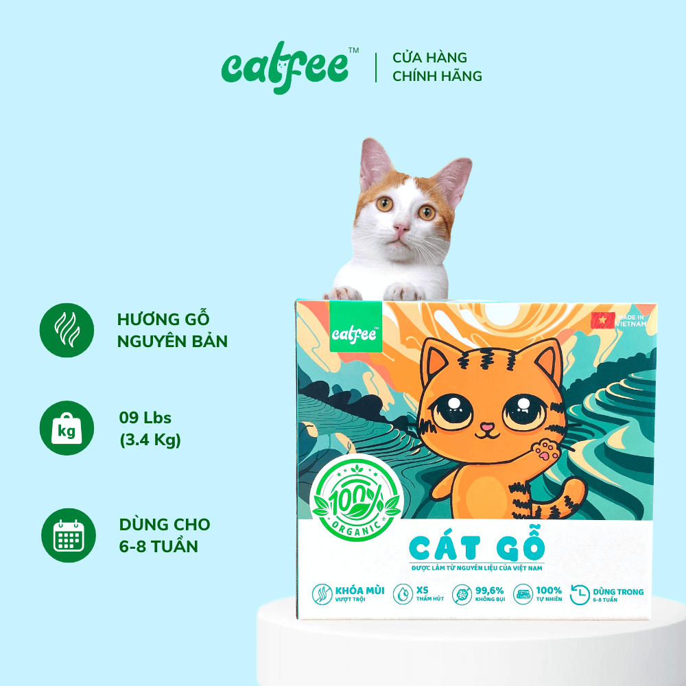 Cát mèo hữu cơ Catfee ® - Cát Gỗ cho mèo (Hương Gỗ Tự Nhiên) Hộp 9L 