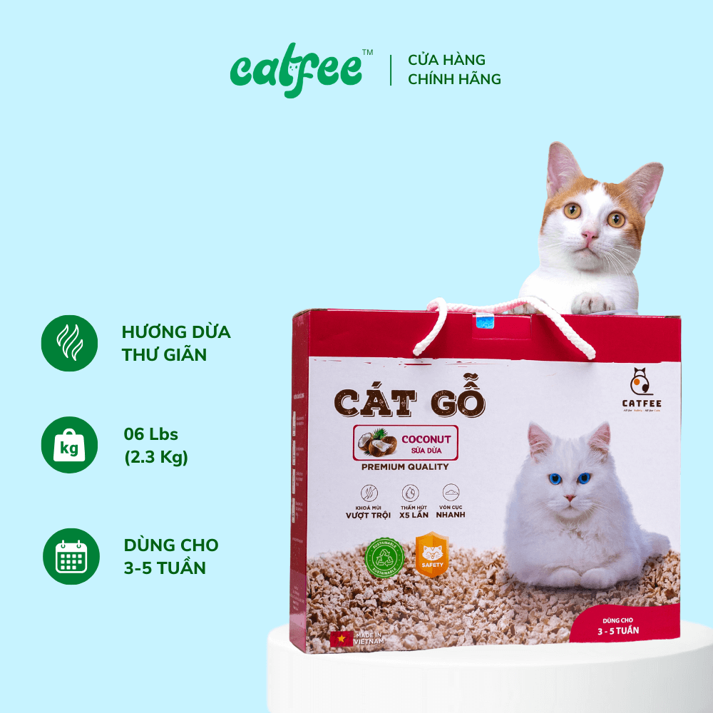 Cát mèo Hữu Cơ Catfee ® - Cát Gỗ cho mèo (Hương DỪA) 6L